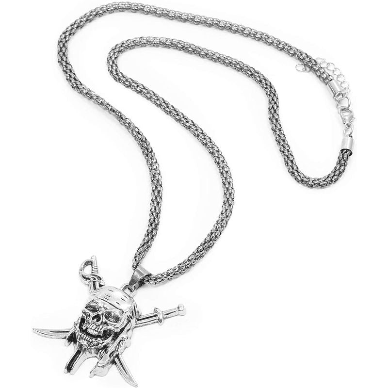 Pirate Skull and Crossed Swords Necklace (15 Inches, Silver)