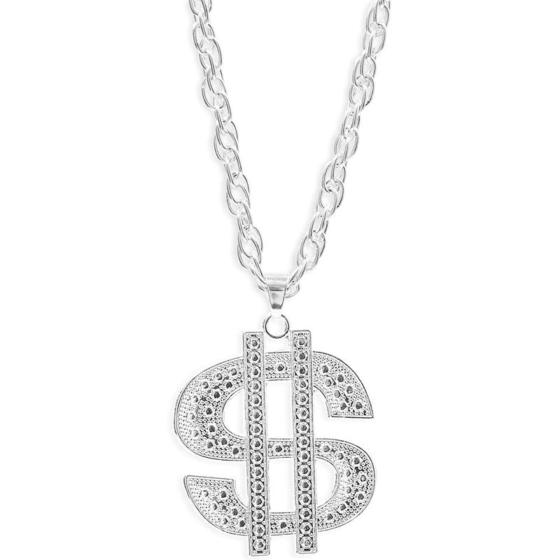 Dollar Sign Pendant Necklace for Halloween, Costumes (28 In, Silver)