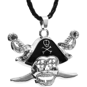 Pirate Skull and Crossed Swords Necklace With Cord (19 In, Silver)