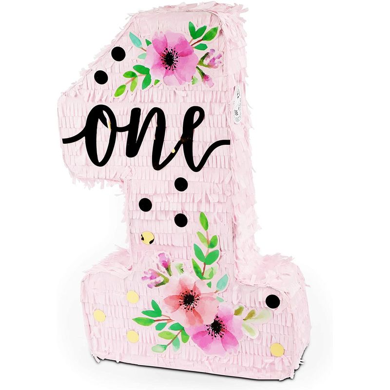 Pink Floral Pinata for Girls 1st Birthday Party, Number 1 (11 x 16.5 x 3 In)