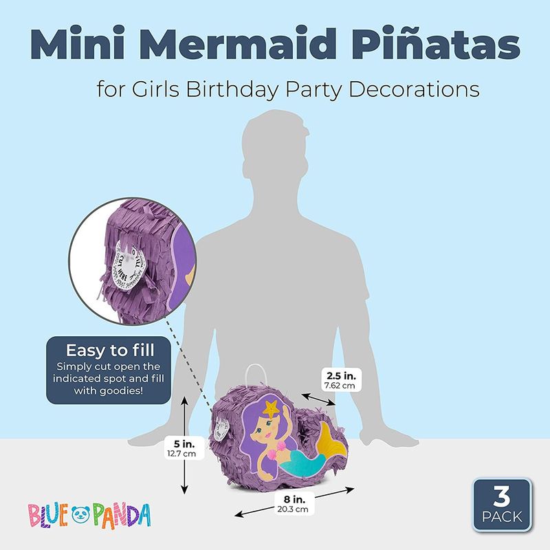 Mini Mermaid Piñatas for Girls Birthday Party Decorations (8 x 5 x 2.5 In, 3 Pack)