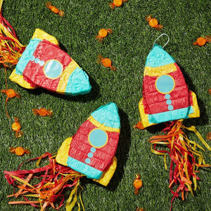 Mini Rocket Ship Pull Piñatas for Outer Space Party (8 x 5.9 x 2.5 In, 3 Pack)