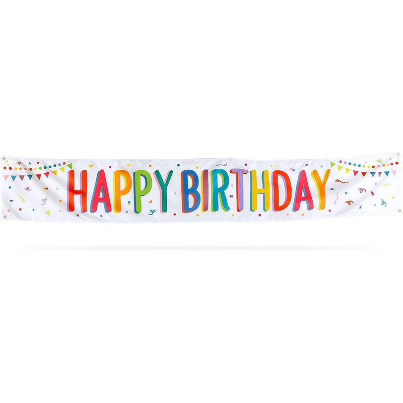 Large Happy Birthday Party Banner, Outdoor or Indoor Decor (White, 10 x 1.5 Feet)
