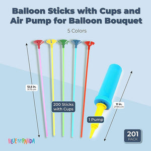 Balloon Sticks with Cups and Air Pump for Balloon Bouquet, 5 Colors (201 Pieces)