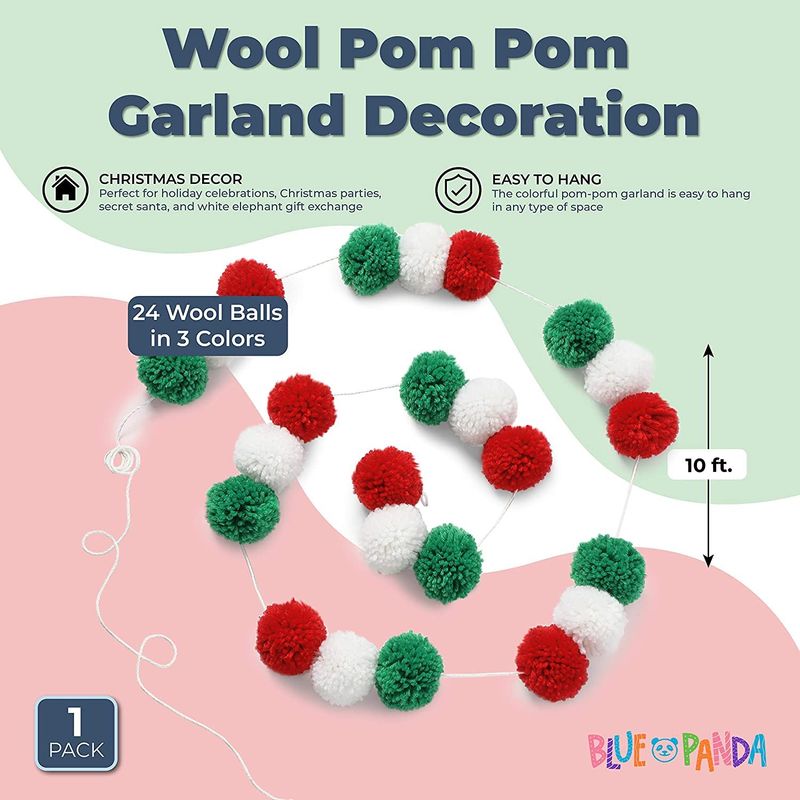 Wool Pom Pom Garland Decor for Christmas Party (Red, White, Green, 10 Feet)