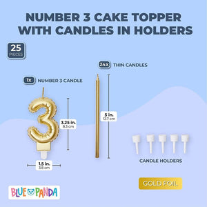 Number 3 Cake Topper with Candles in Holders for 3rd Birthday (Gold, 25 Pieces)