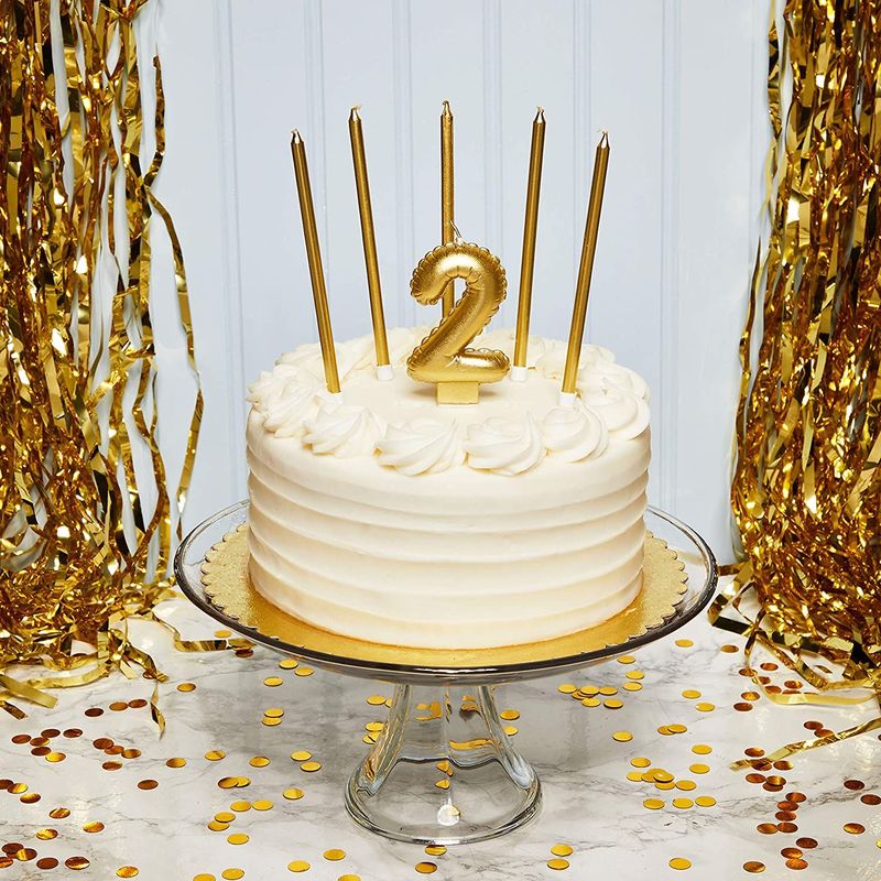 Number 2 Cake Topper with Candles in Holders for 2nd Birthday (Gold, 25 Pieces)