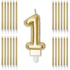 Number 1 Cake Topper, Thin Candles in Holders, 1st Birthday Party (Gold, 25 Pieces)