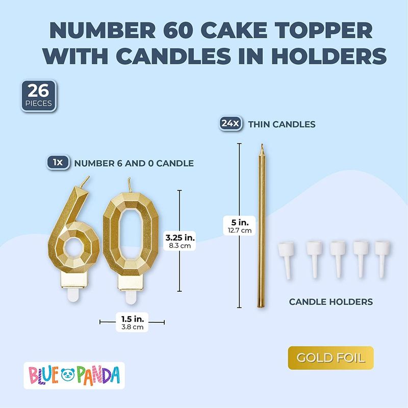 Number 60 Cake Topper and Candles in Holder for 60th Birthday (Gold, 26 Pieces)