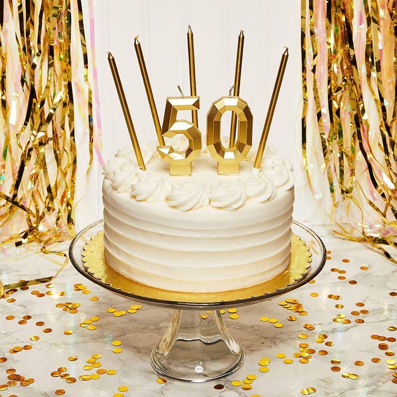 Number 50 Cake Topper with Candles in Holder for 50th Birthday (Gold, 26 Pieces)