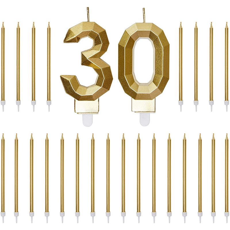 Number 30 Gold Cake Topper and Thin Candles in Holders, 30th Birthday (26 Pieces)