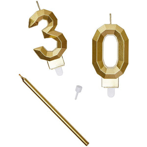 Number 30 Gold Cake Topper and Thin Candles in Holders, 30th Birthday (26 Pieces)