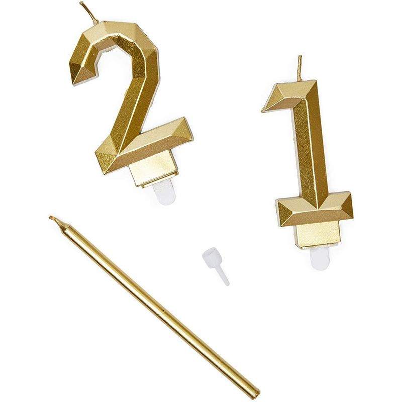 Number 21 Cake Topper with Candles in Holder for 21st Birthday (Gold, 26 Pieces)