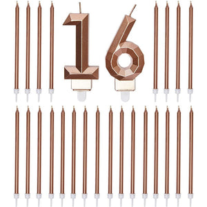Number 16 Cake Topper with Candles for 16th Birthday (Rose Gold, 26 Pieces)