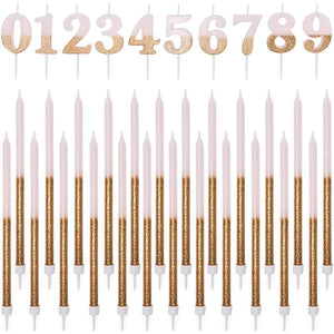 Numbers 0-9 Cake Toppers and Thin Candles in Holders (Gold Glitter, 34 Pieces)