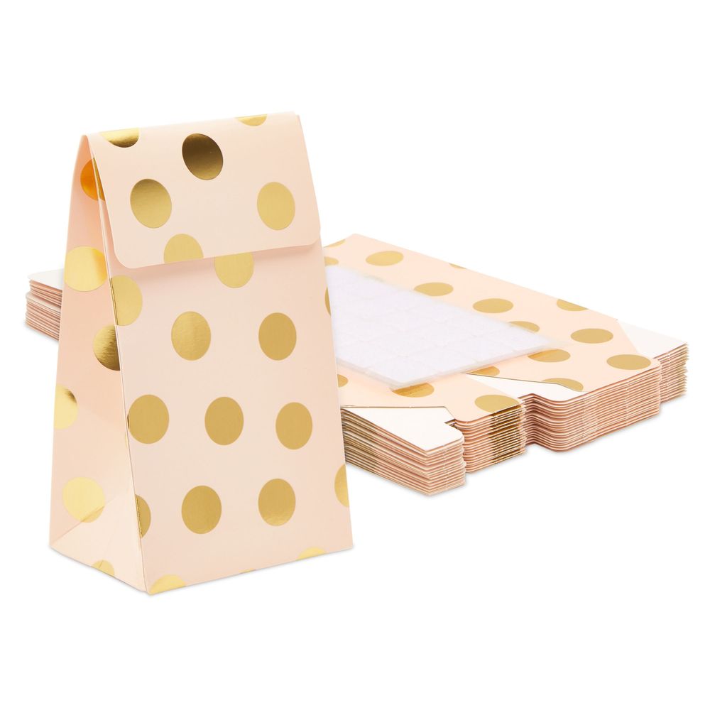 Pink Birthday Party Favor Gift Bags, Gold Foil Polka Dots Boxes (24 Pack)