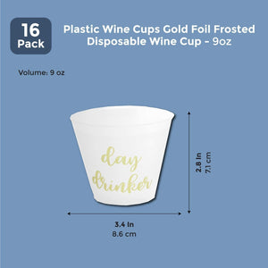 16 Packs Plastic 9 oz Wine Party Cups Gold Foil Frosted Disposable Cup for Birthday Wedding Bachelorette Parties Shower