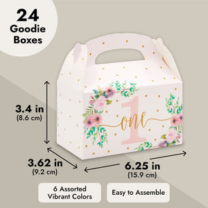 24 Pack Pink Floral Gift Boxes for 1st Birthday Party Favors - Goodie Gable Box for Kids (6.2 x 3.6 x 3.3 in)