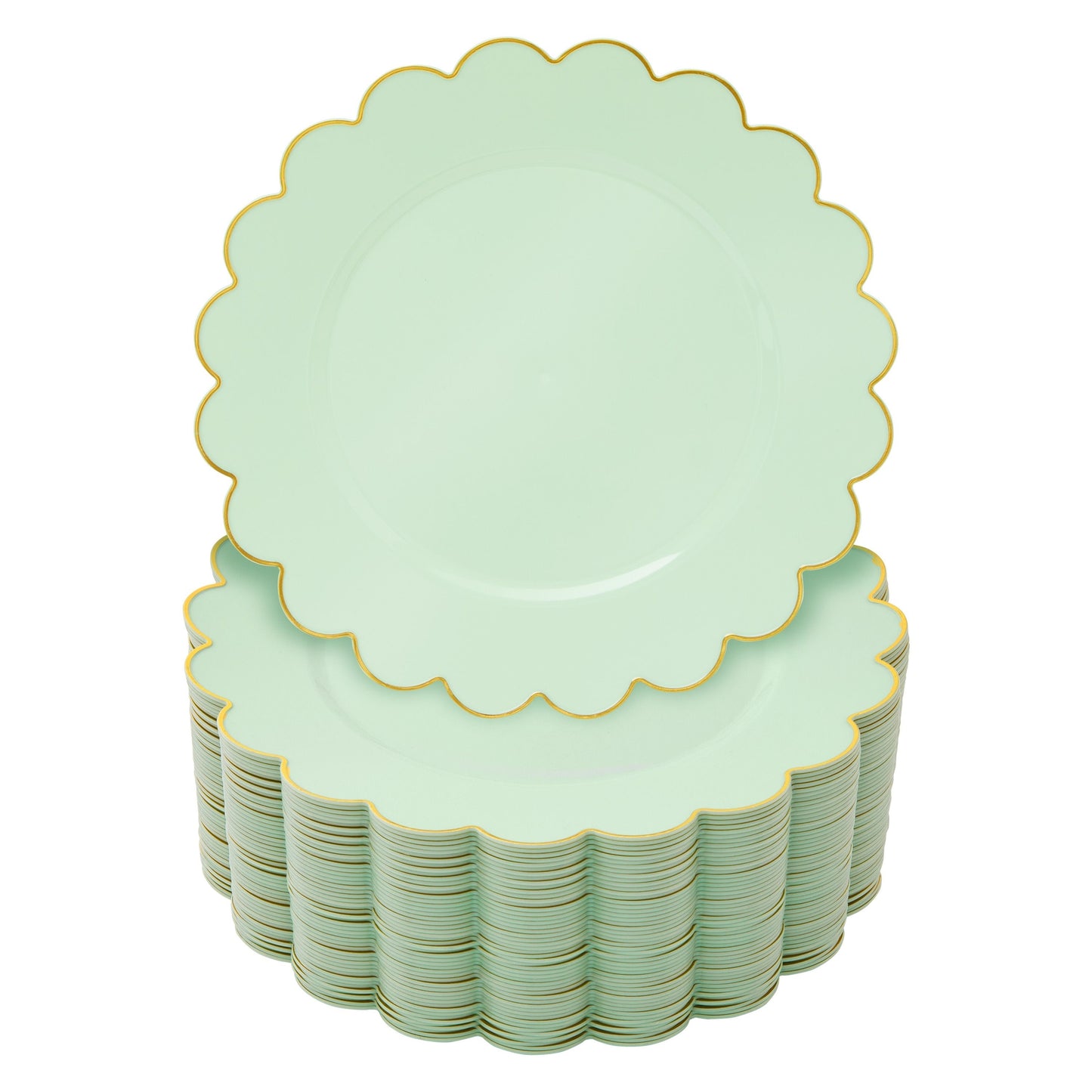 50 Pack Green Plastic Plates with Gold Scalloped Edges for Birthday Party (9 In)