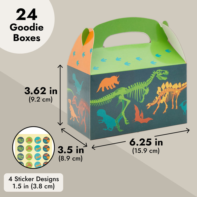 24 Pack Dinosaur Treat Boxes with Handle and Stickers - Dino Party Favors for Kids' Birthday Supplies (6.2 x 3.6 x 3.5 in)