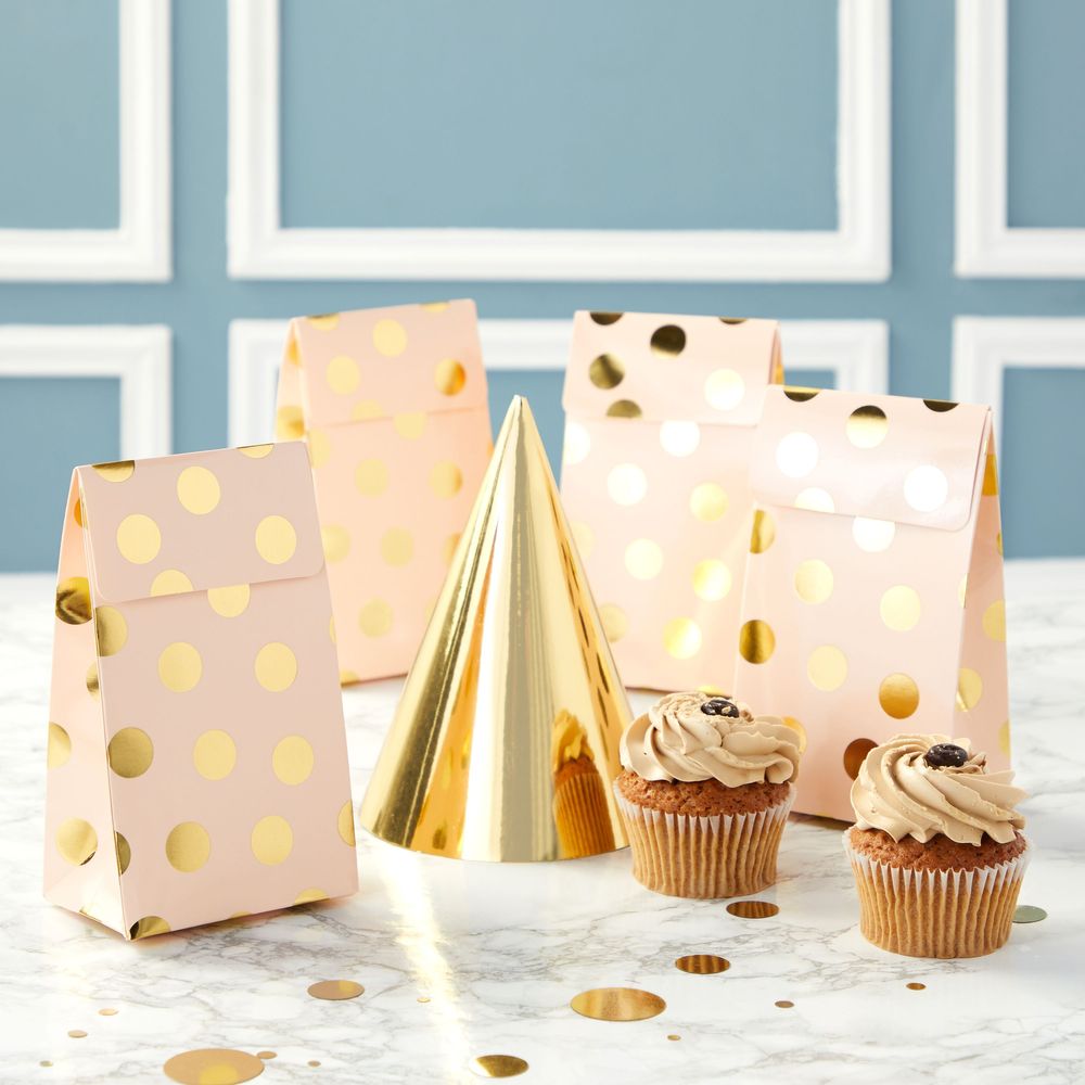 Pink Birthday Party Favor Gift Bags, Gold Foil Polka Dots Boxes (24 Pack)