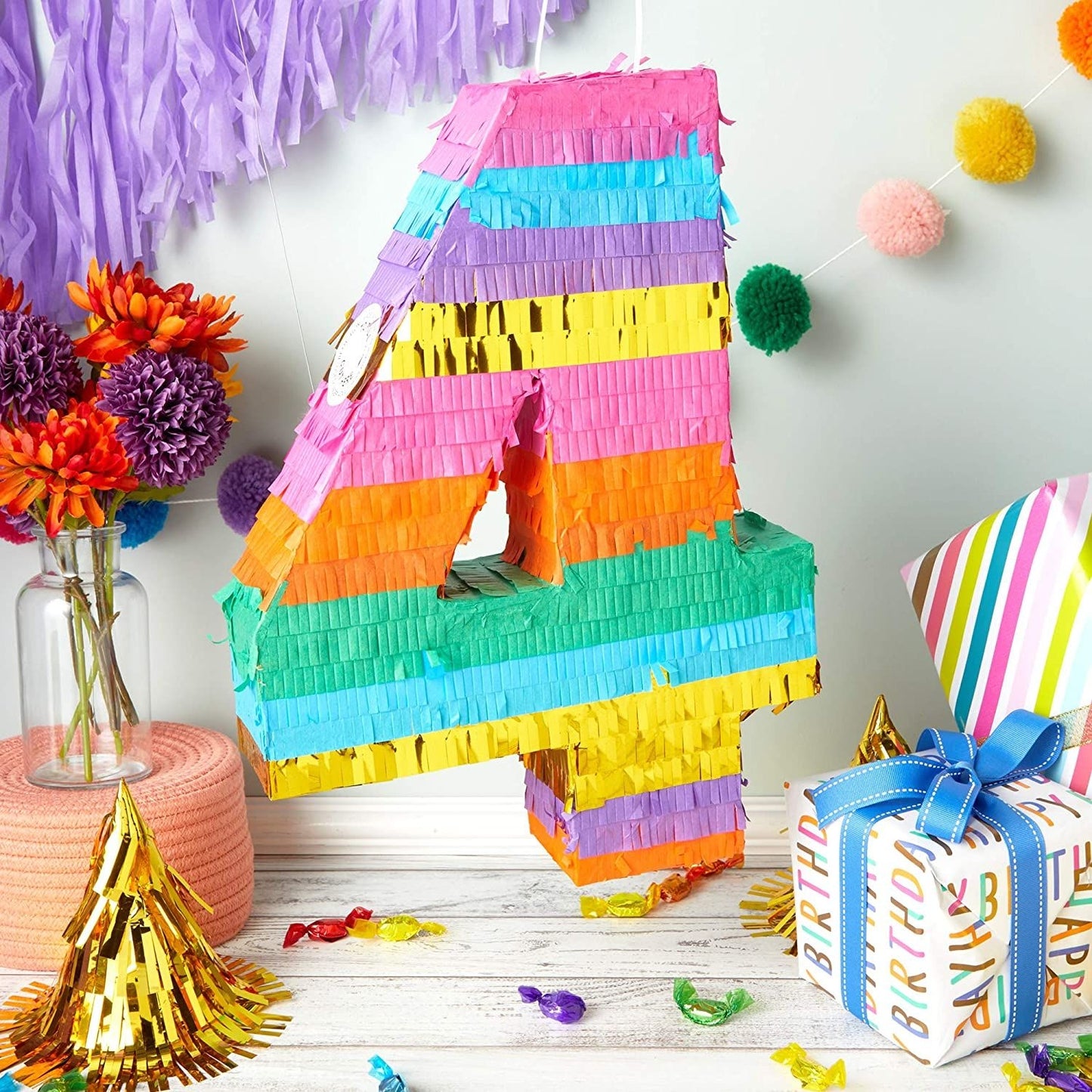 Rainbow Number 4 Pinata for 4th Birthday Party Decorations, (Small, 12 x 17 x 3 Inches)