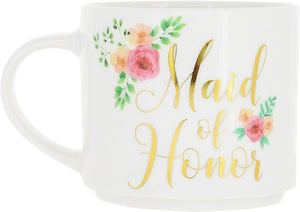 Floral Stackable Coffee Mugs, Maid of Honor and Bridesmaid (15 oz, Set of 2)