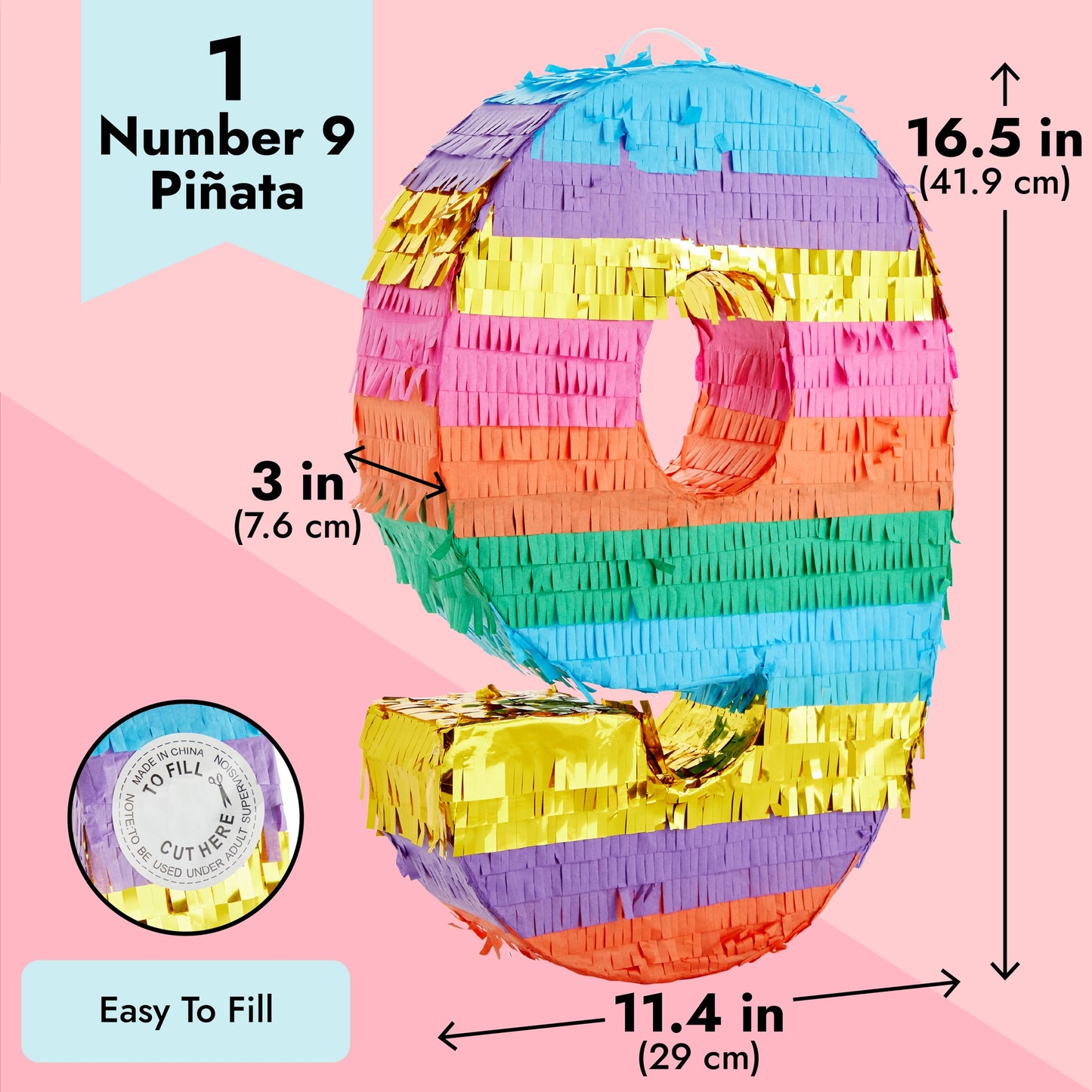 Rainbow Number 9 Pinata for 9th Birthday Party Supplies, Fiesta, Anniversary Celebration (Small, 16.5 x 11 x 3 In)