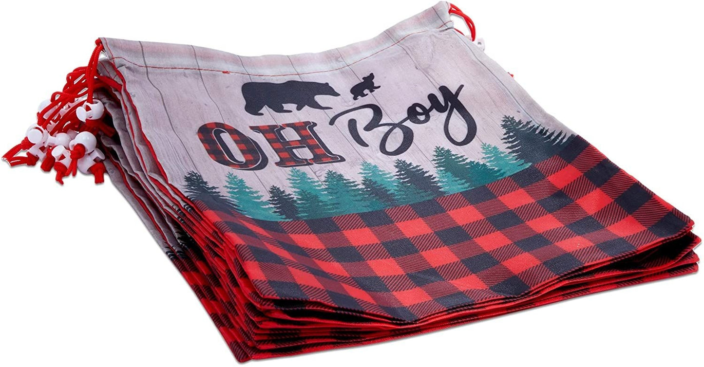 12 Pack Lumberjack Buffalo Plaid Drawstring Gift Bags for Boys Baby Shower & Kids Birthday Party Favors Goodie Bag, 10 x 12 in