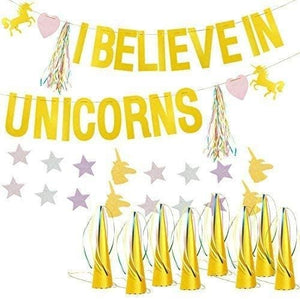 Blue Panda Unicorn Birthday Party Supplies Kit - I Believe in Unicorns Backdrop Hanging Centerpiece, 12 Party Hats, 6 Tassels, 1 Star Garland, for Celebration Decoration, Pink and Gold