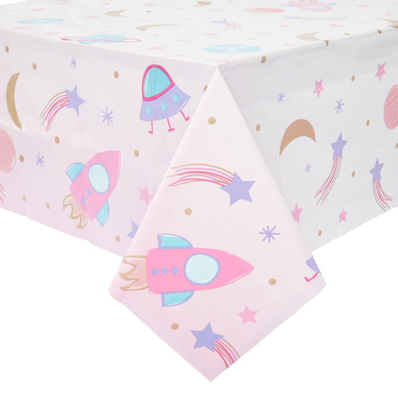 3 Pack Pink Plastic Space Table Cover for Girls Outer Space Birthday Party Supplies (54 x 108 In)