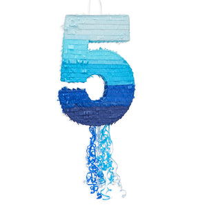 Number 5 Pinata - Pull String Pinata for Boys 5th Birthday Party Decorations, Ombre Blue (16.5 x 11.6 x 3 In)