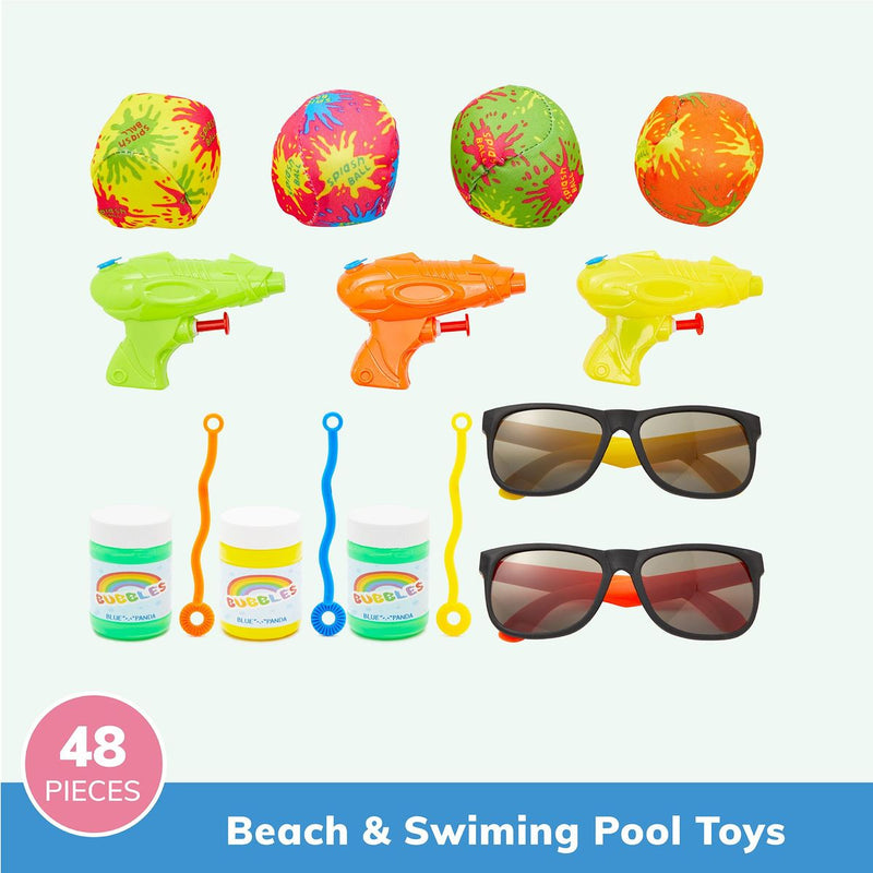 Beach & Swiming Pool Toys for Kids, Water Guns, Bubbles, Sunglasses, Balls (48 Pack)
