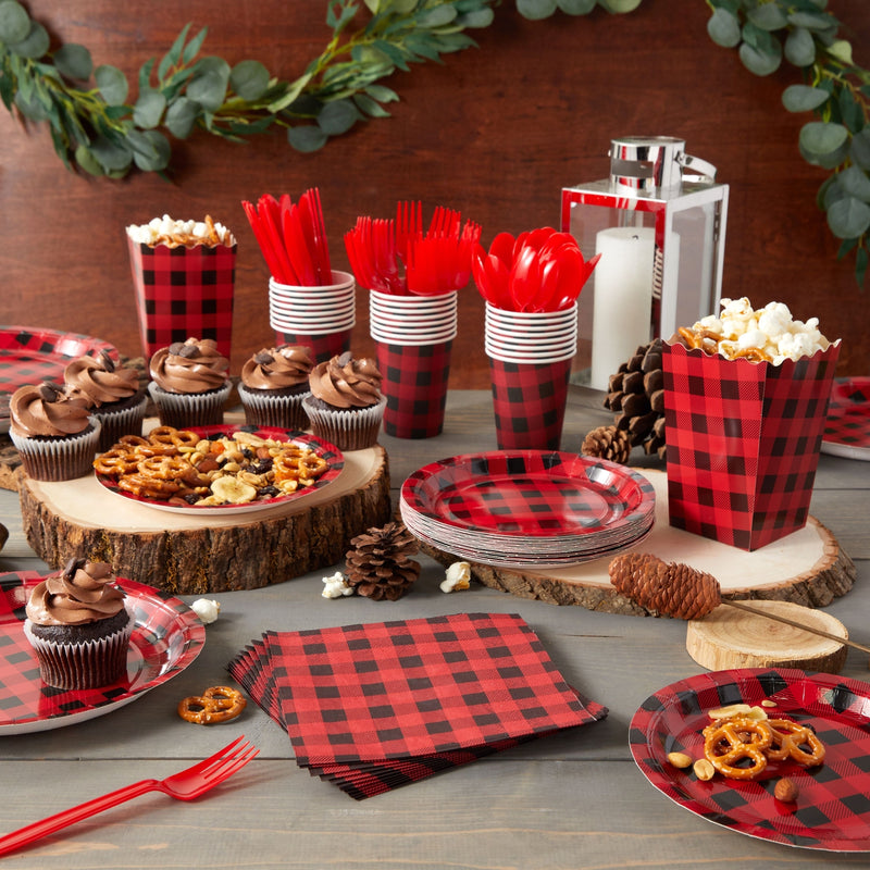 192 Piece Buffalo Plaid Dinnerware Set with Cutlery and Treat Boxes, Baby Shower Lumberjack Party Supplies (Serves 24)