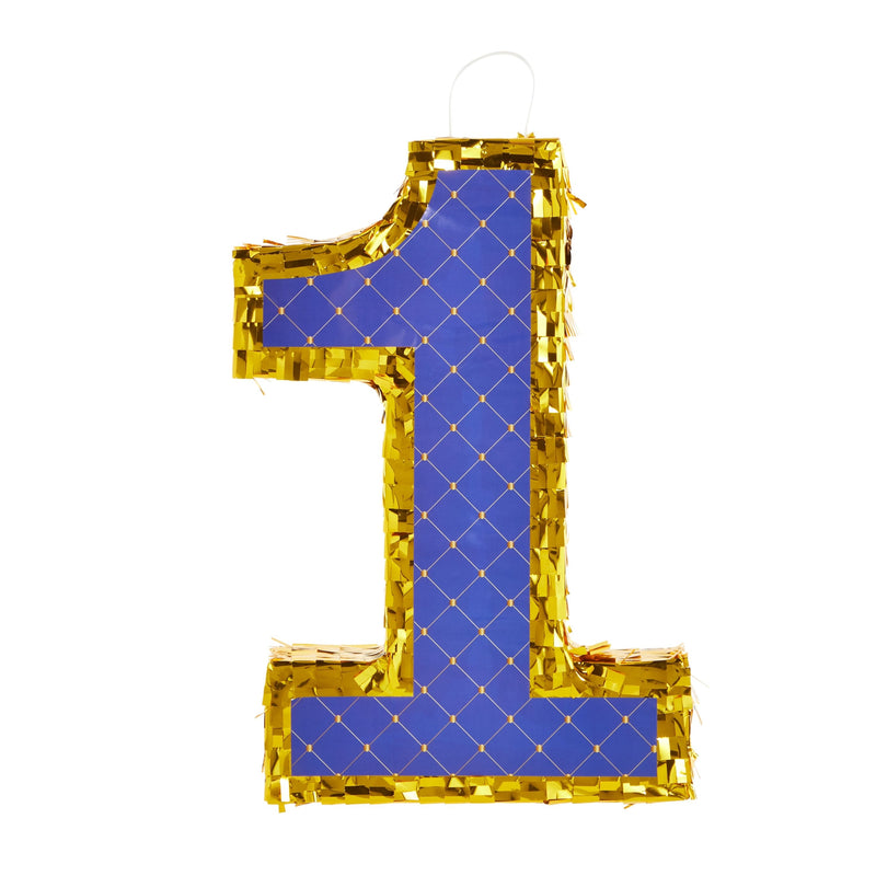 Small Royal Blue and Gold Number 1 Pinata with Pull Strings for 1st Birthday Party Table Decorations, 16.5 x 10.6 x 3 In