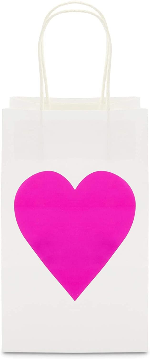 White Gift Bags with Handles for Valentines, Hot Pink Heart (24 Pack)