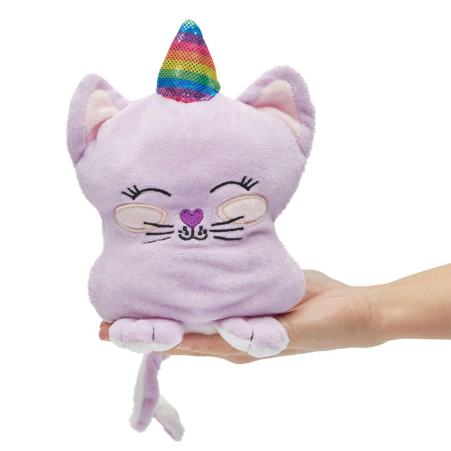 Small Reversible Caticorn Plush Toy, Lavender and White Caticorn Plushie with Rainbow Horn (6 x 12 In)