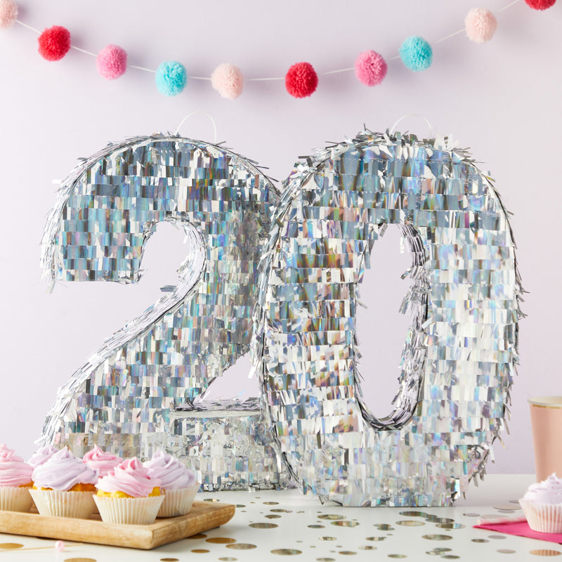 Small Holographic Silver Foil Number 0 Pinata for Kids Birthday Party Decorations (15.7x9x3 in)