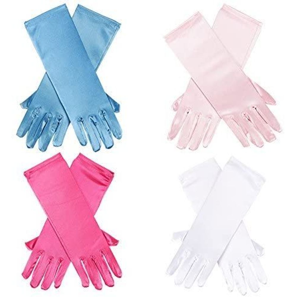 Girl Dress Up Satin Gloves for Princess Costume or Wedding, Ages 3 to 8 (4 Pairs)