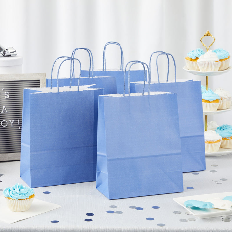 25-Pack Blue Gift Bags with Handles, 8x4x10-Inch Paper Goodie Bags for Party Favors and Treats, Birthday Party Supplies