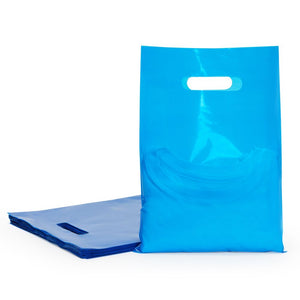 Blue Plastic Merchandise Bags with Handles for Retail, Party Favors (Medium, 100 Pack)