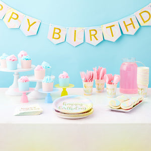 147-Piece Pastel Rainbow Party Decorations, Tie Dye Plates and Napkins Party Supplies Sets with Cups, Tablecloth, Happy Birthday Banner, Napkins, Cutlery (Serves 24)