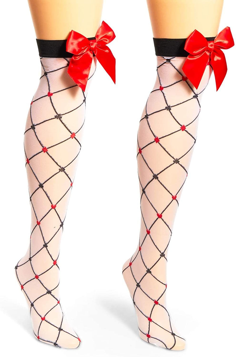 Women's Thigh-High Stockings, Hearts and Bow Sheer Pantyhose (One Size, 2 Pairs)