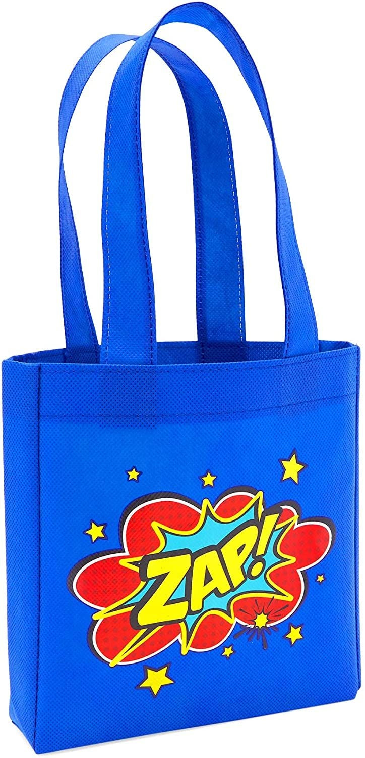 Comic Hero Birthday Party Favor Bags, Small Blue Totes (24 Pack)