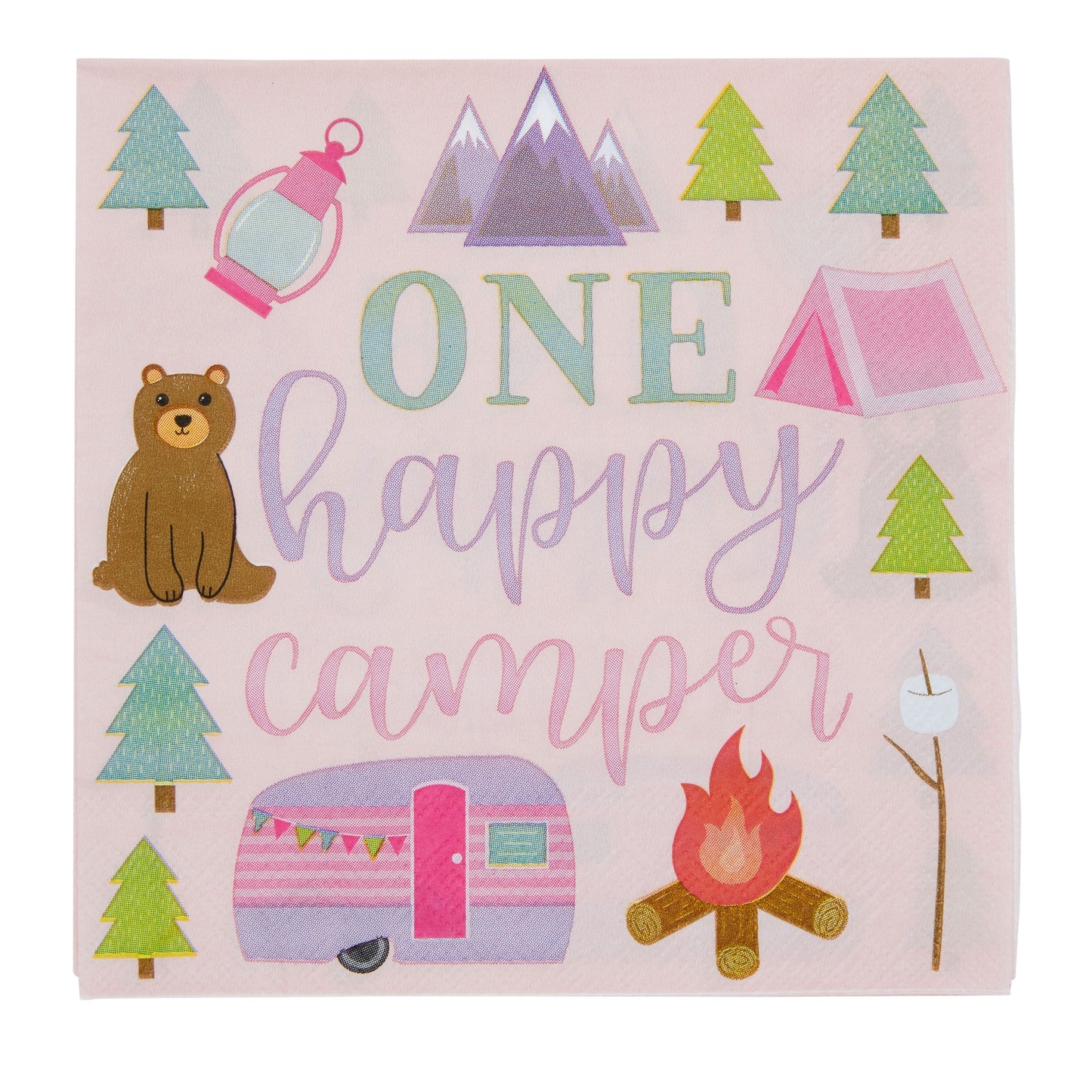 100 Pack One Happy Camper Birthday Napkins for Camping Themed Party Supplies and Decor (2-ply, 6.5 In)