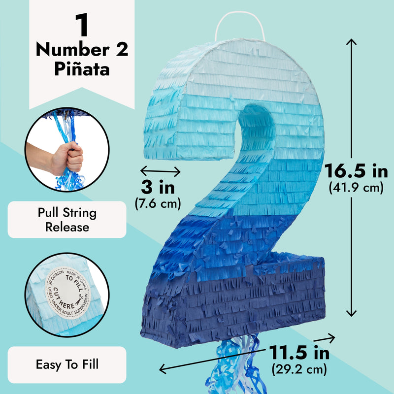 Number 2 Pinata - Pull String Pinata for Boys 2nd Birthday Party Decorations, Ombre Blue (16.5 x 11.5 x 3 In)
