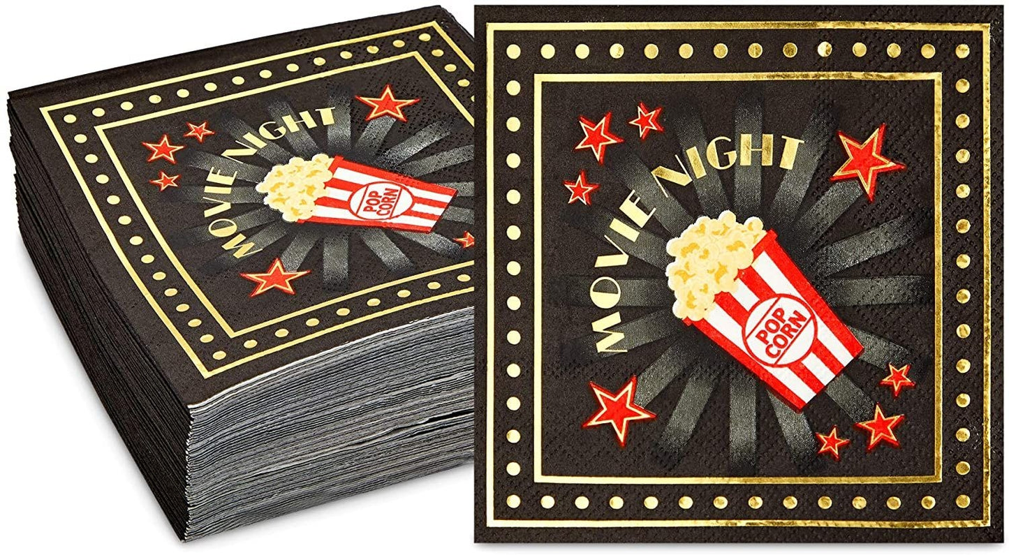 Cocktail Napkins for Movie Night Party (Black, 5 x 5 In, 50 Pack)