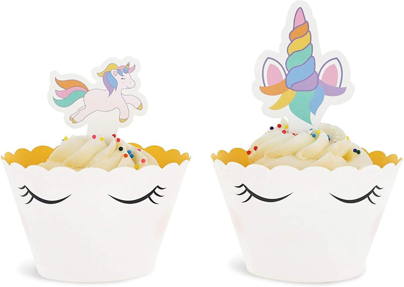 100-Pack Rainbow Unicorn Cupcake Toppers and Wrappers, Birthday Party Decorations, 1 X 3 inches