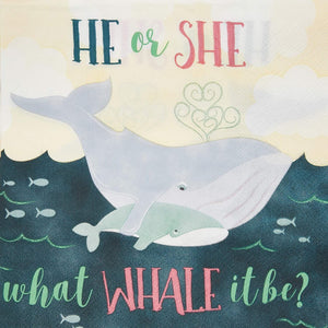 Whale He or She Paper Napkins for Gender Reveal Party (6.5 x 6.5 in, 100 Pack)