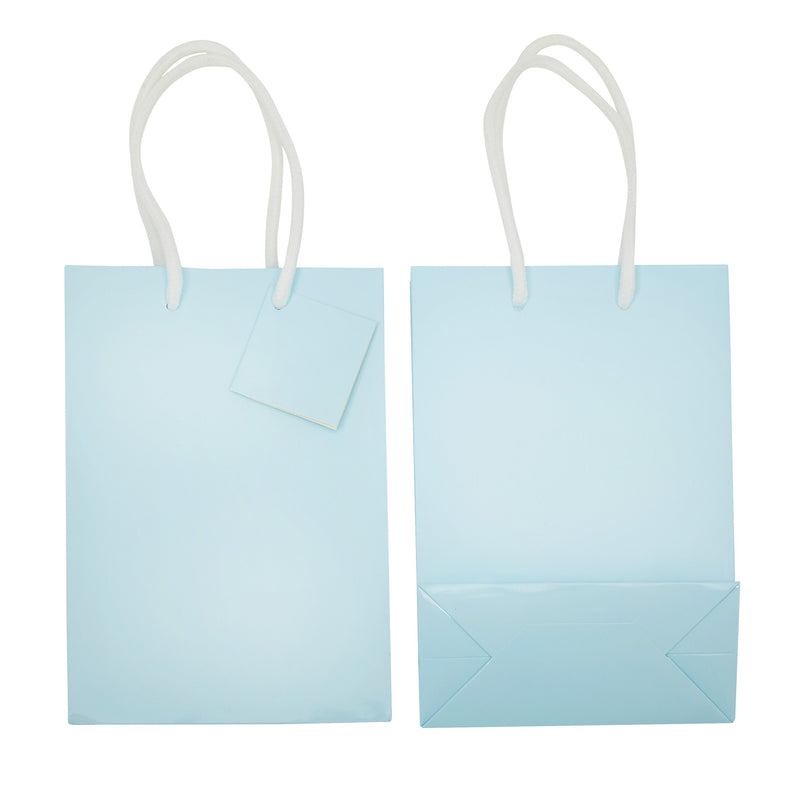 20-Pack Small Paper Gift Bags with Handles, 5.5x2.5x7.9-Inch Goodie Bags with 20 Sheets White Tissue Paper and 20 Hang Tags for Small Business (Light Blue)